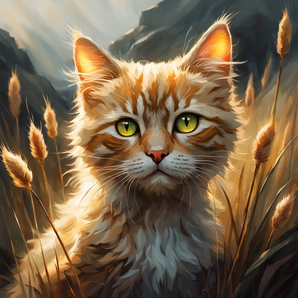 Surreal Sunset Landscape with Curled Kitten in Golden Light