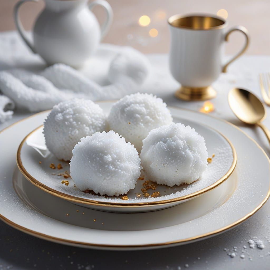 Glistening Snowballs with Gold Cutlery on Porcelain Plate
