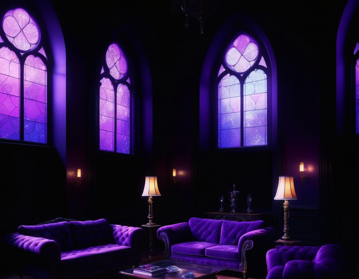 A gothic penthouse with ethereal light filtering through sta...