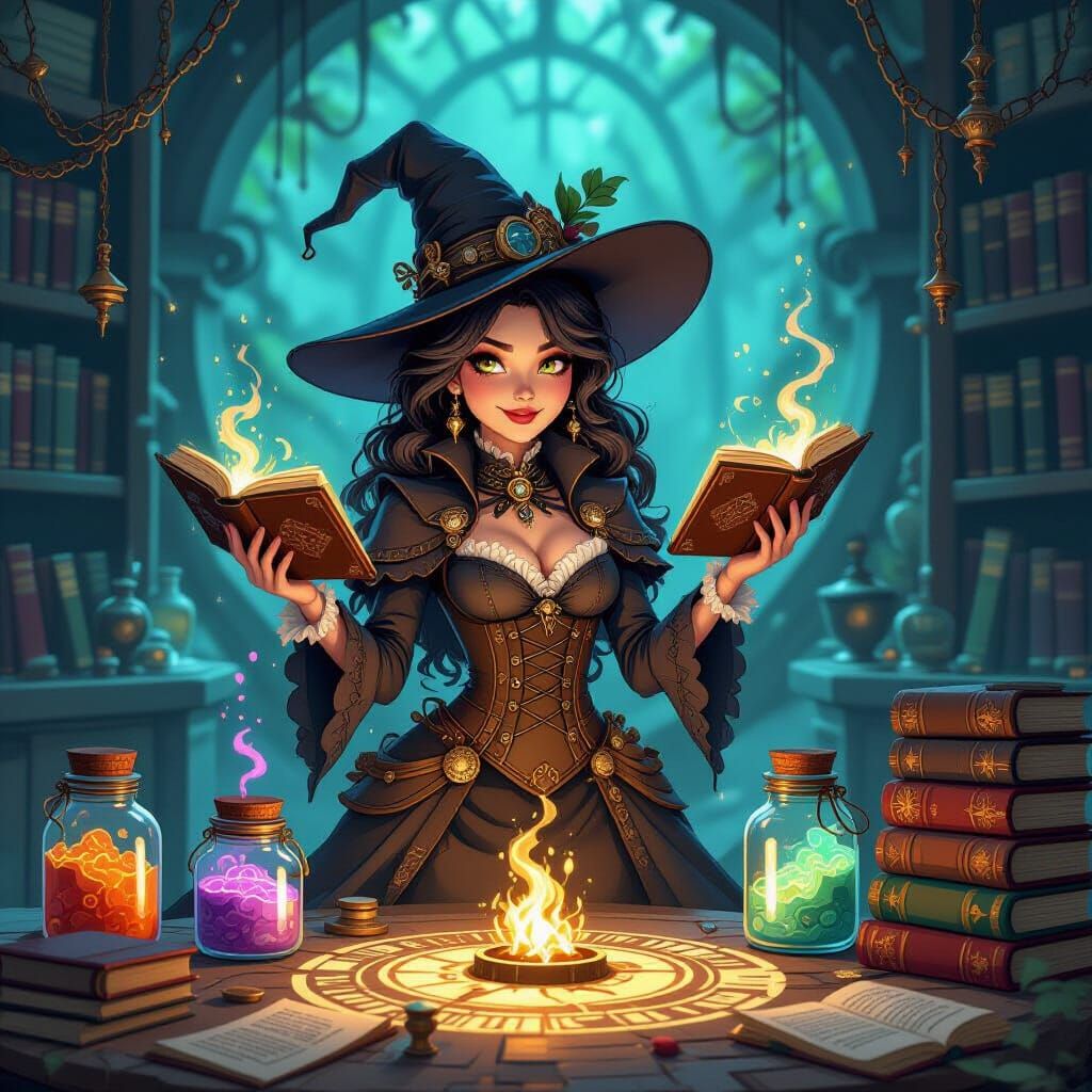 Steampunk Witchcraft Scene with Magical Effects