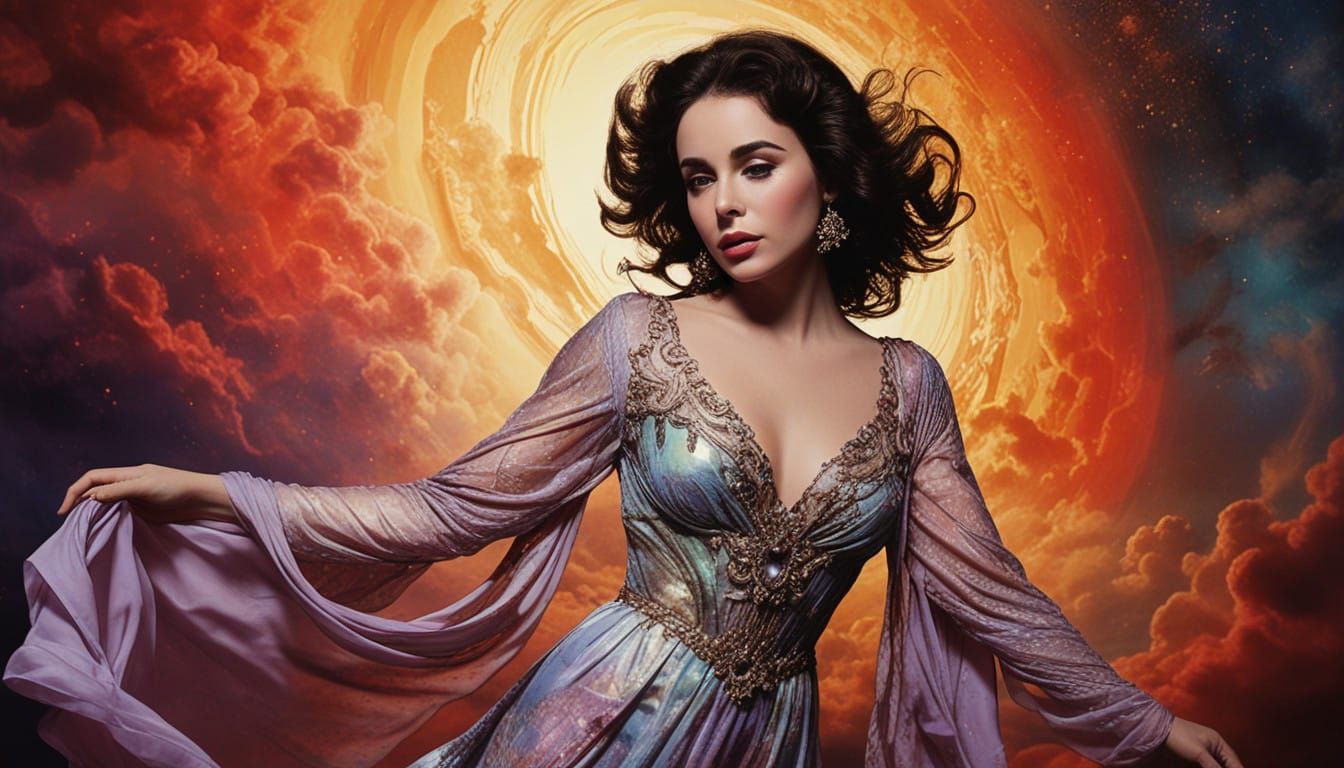Ethereal Elizabeth Taylor Surrounded by Cosmic Apparitions i...