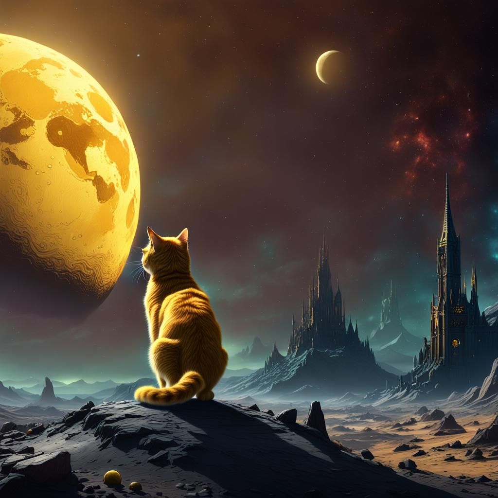 Yellow Cat Striding on Moon, Earth in View