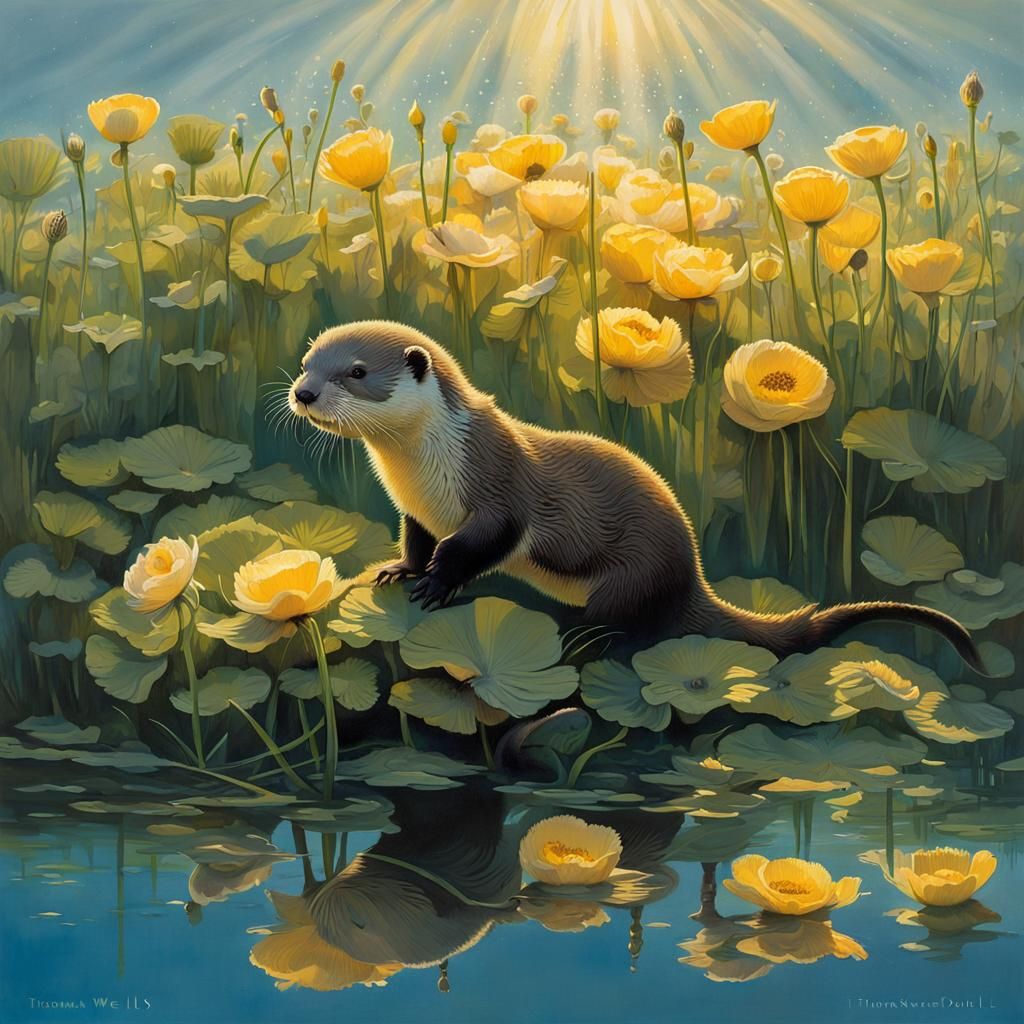 Otter Cubs Playing Under Water at Dawn