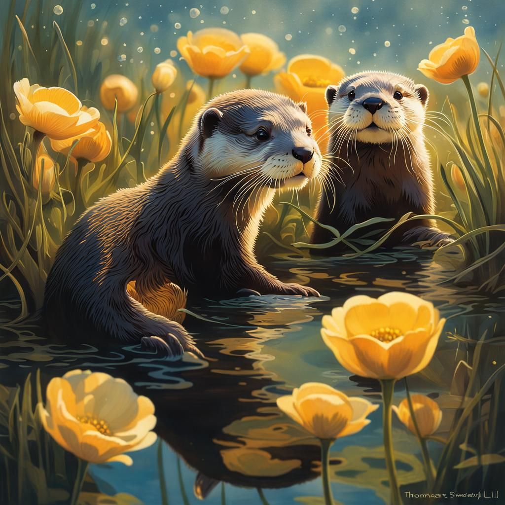 Otter Cubs Playing in Luminous Crowfoot Carpet