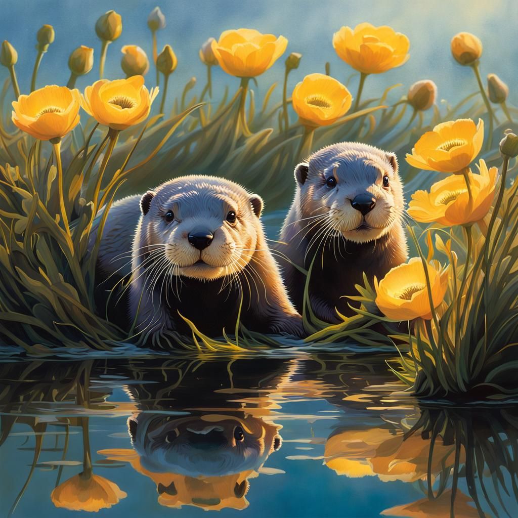Otter Cubs Playing Under Water at Dawn