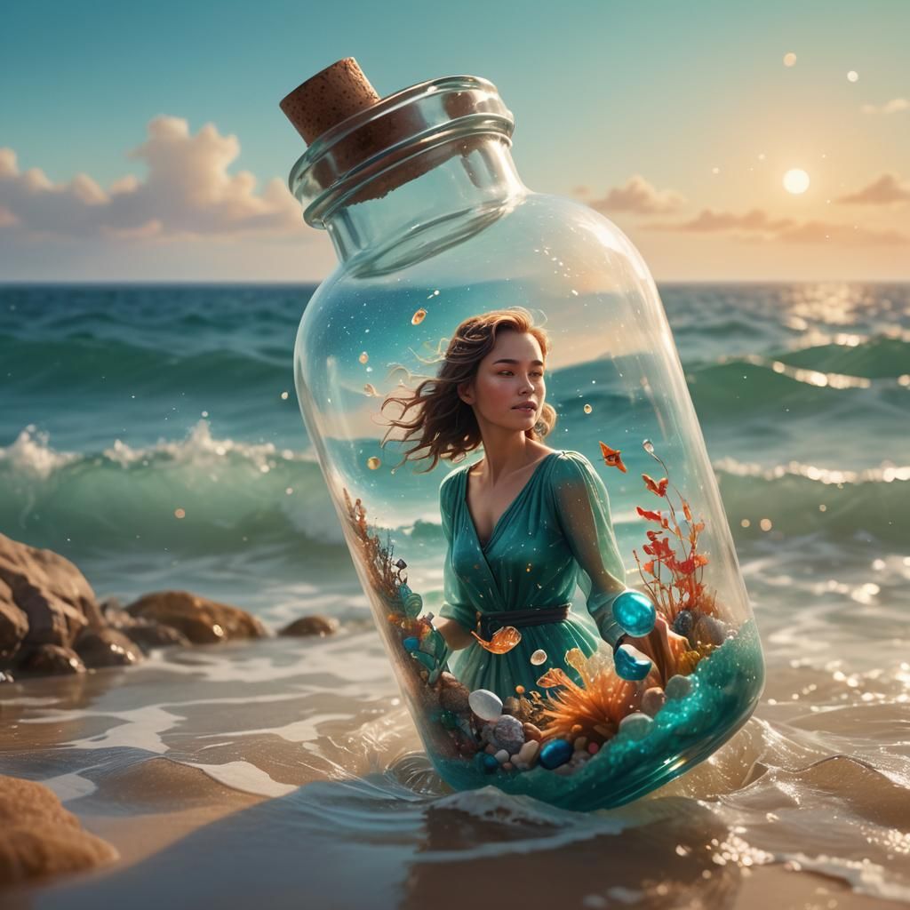 Woman in a Bottle: Hyperrealistic Whimsical World