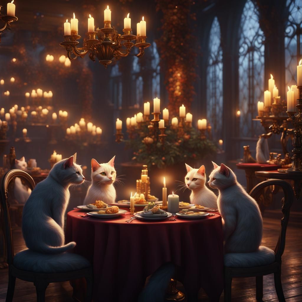 Cats Dine in Opulent Candlelit Restaurant