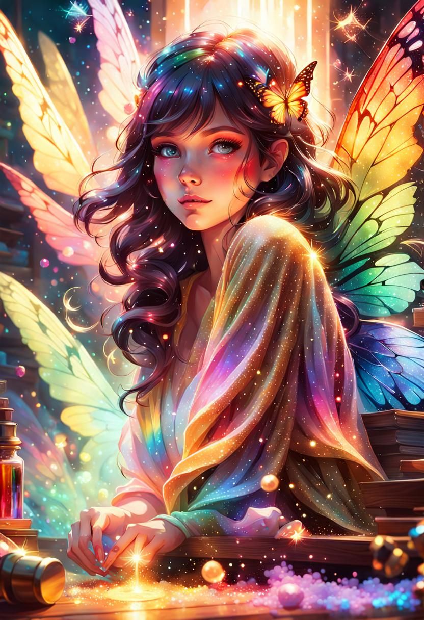 Fairy at Work Desk with Glowing Potions