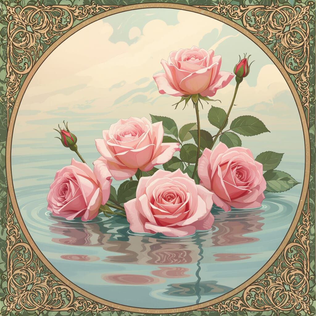 Pink Roses Floating on Water in Art Nouveau Style