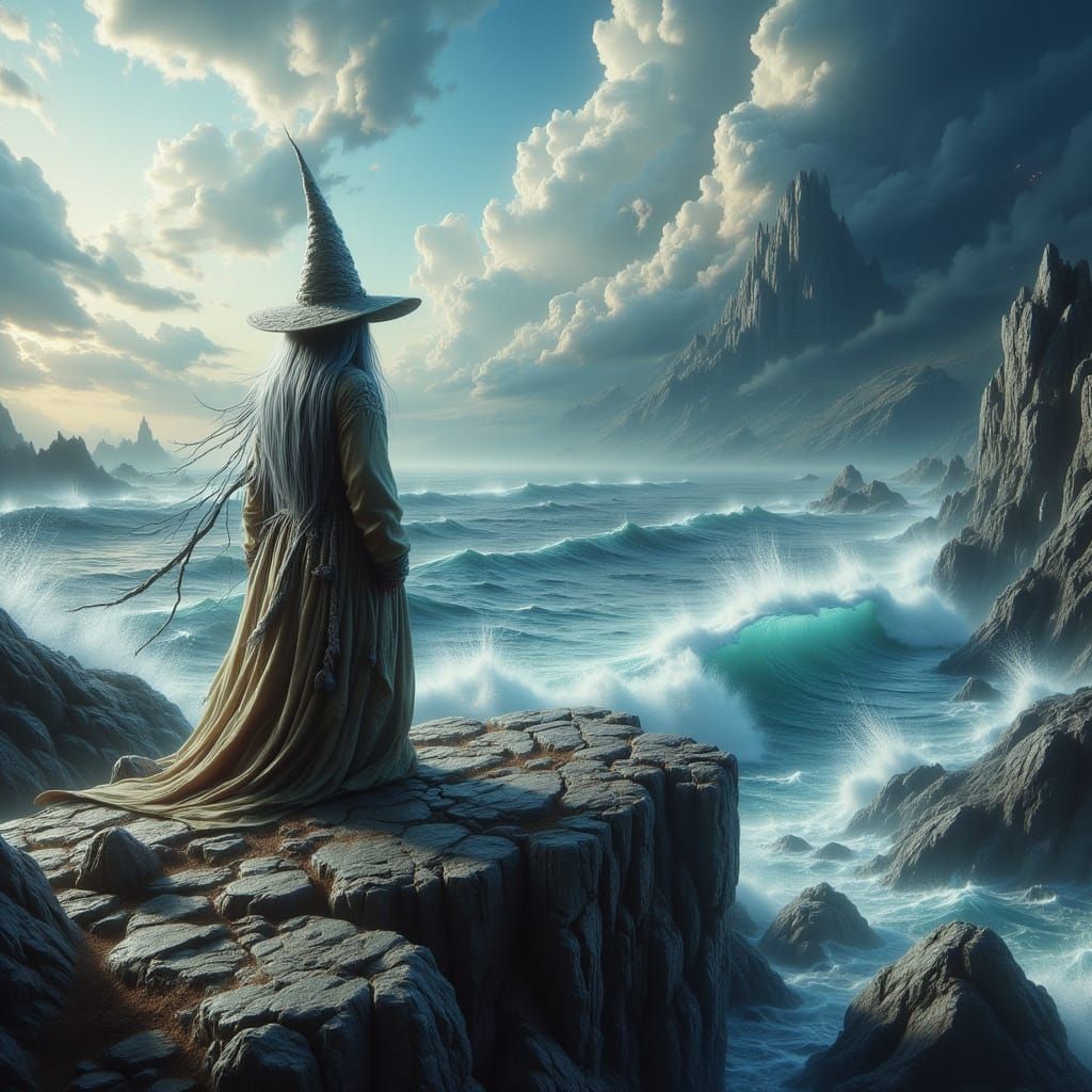 Gnome Overseeing Majestic Waves in Whimsical Style