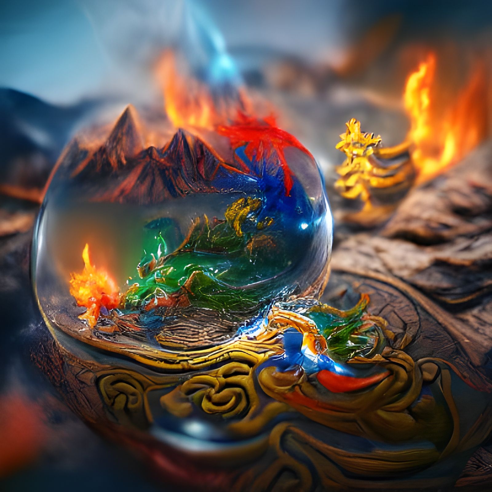 The 4 elements fire, earth, air, and water fighting in a cry...