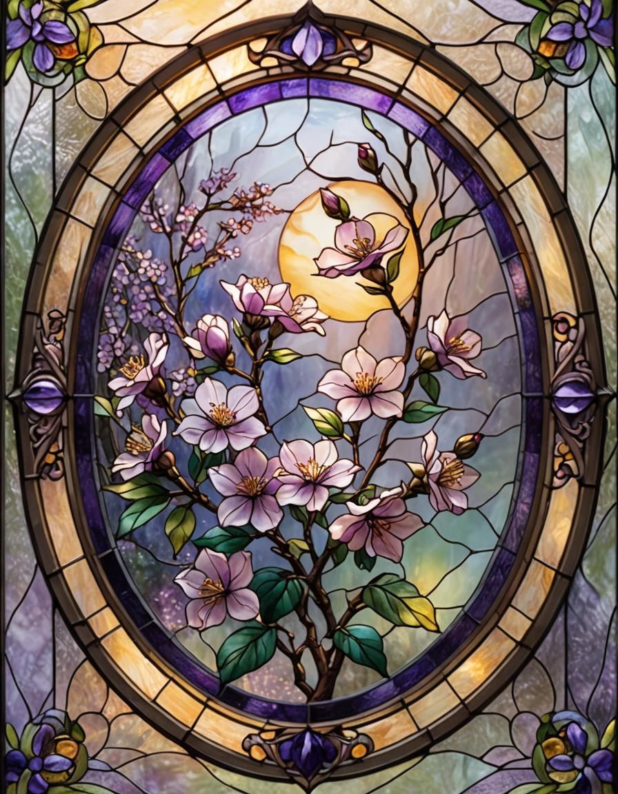 Purple Almond Blossom in Stained Glass Art