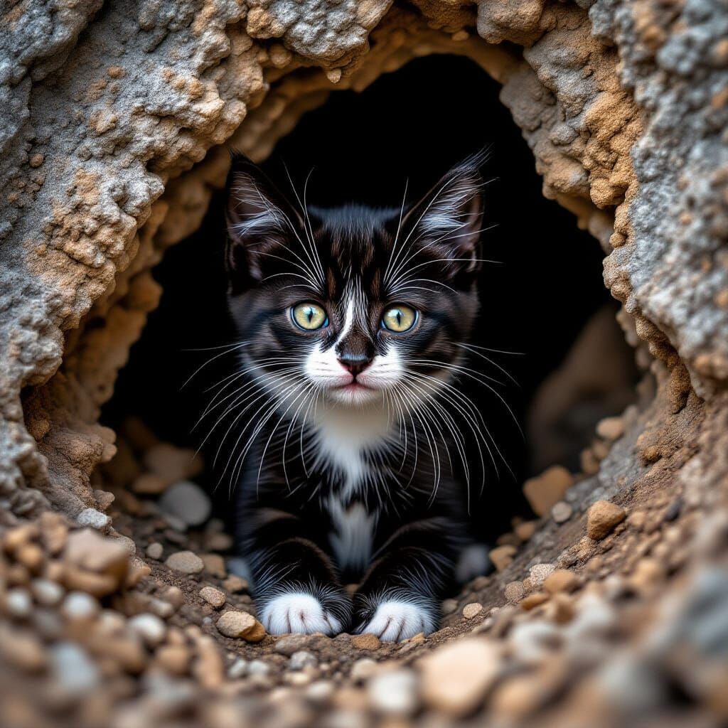 Black Tabby Kitten in Moody Cave