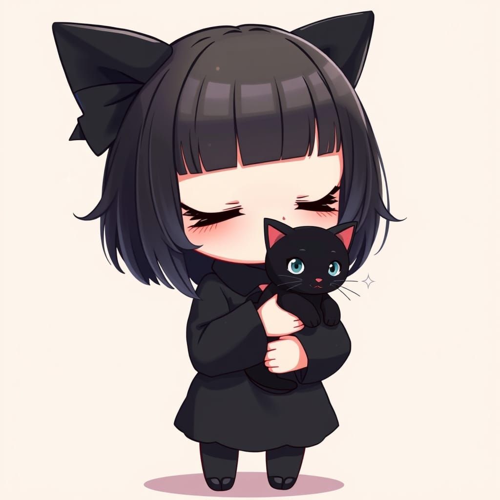 Wednesday Adams in Chibi Style Holding Black Cat