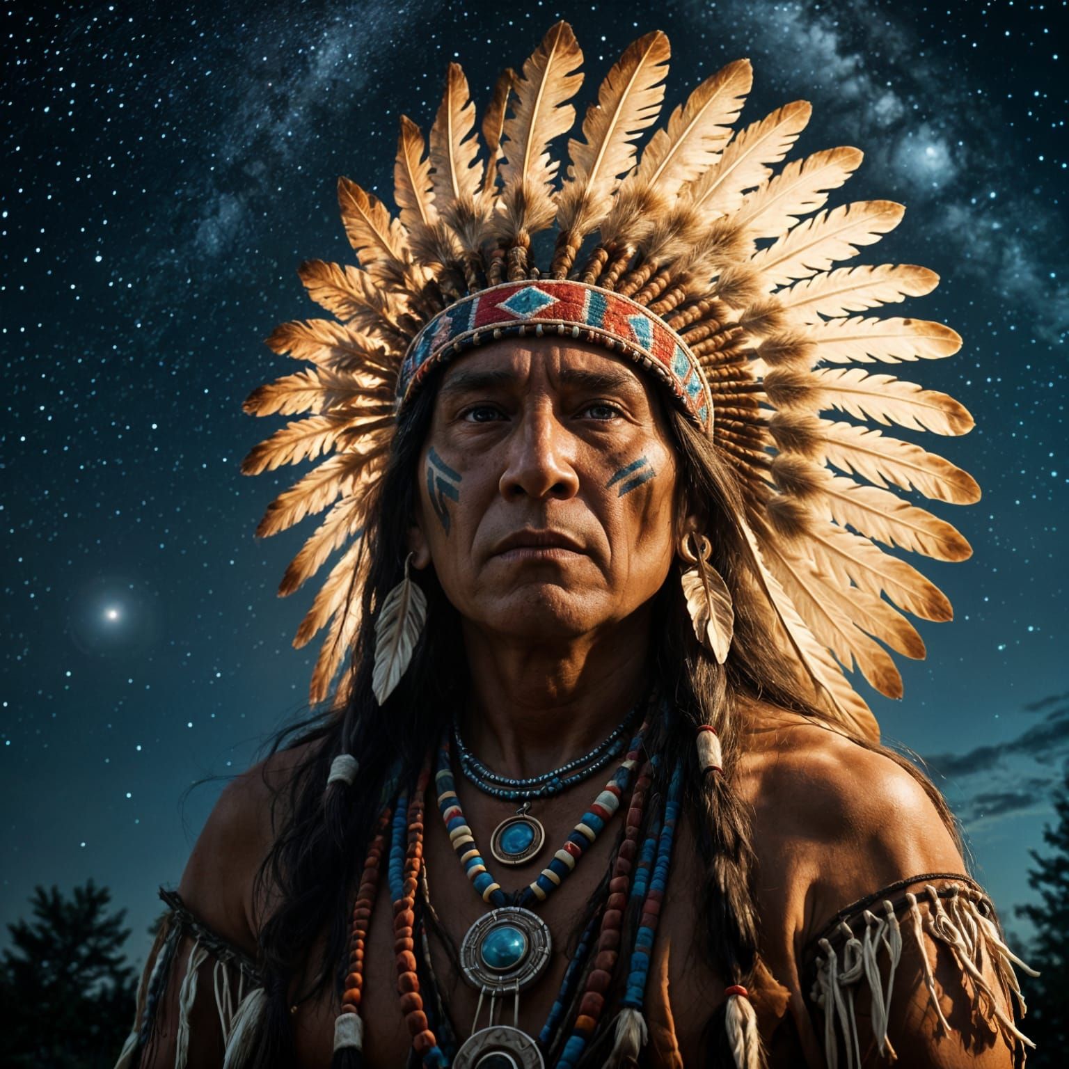Native American Chief Conjuring Spirits in the Night