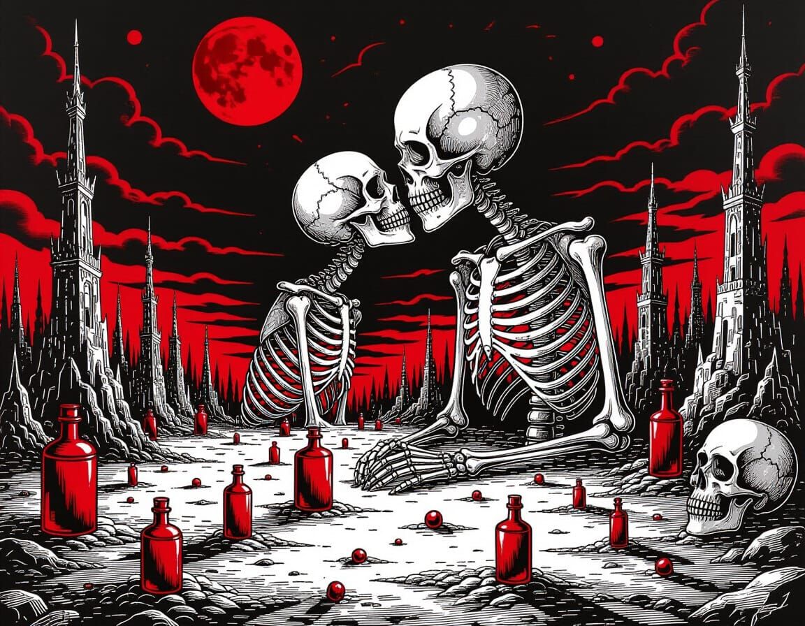 Ominous Black and Red Horror Landscape in Ink and Acrylic