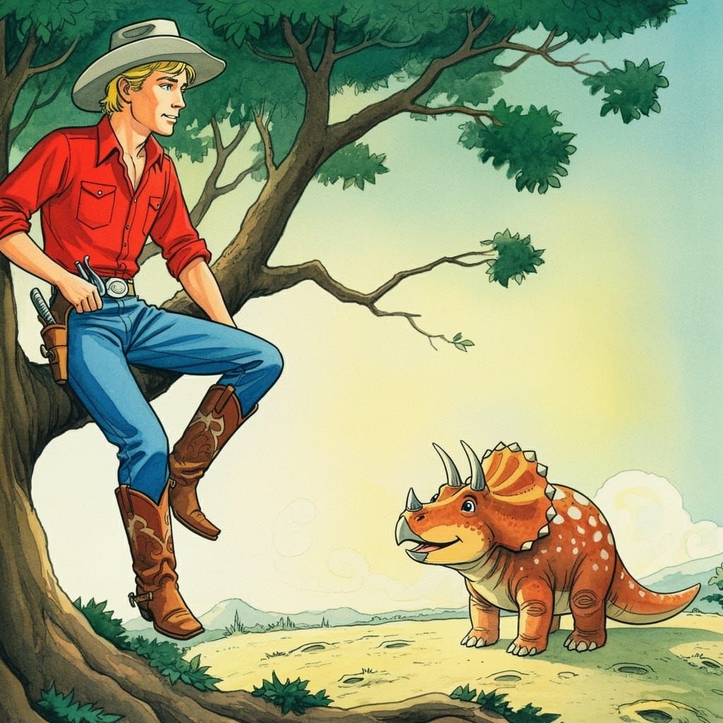 Cowboy and Triceratops on Alien Planet Watercolor