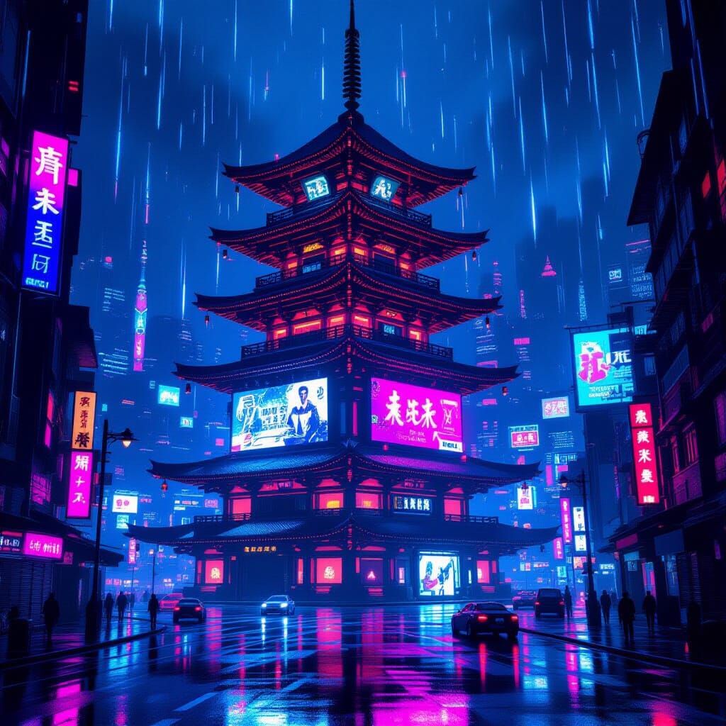 Cyberpunk Pagoda in Neon City