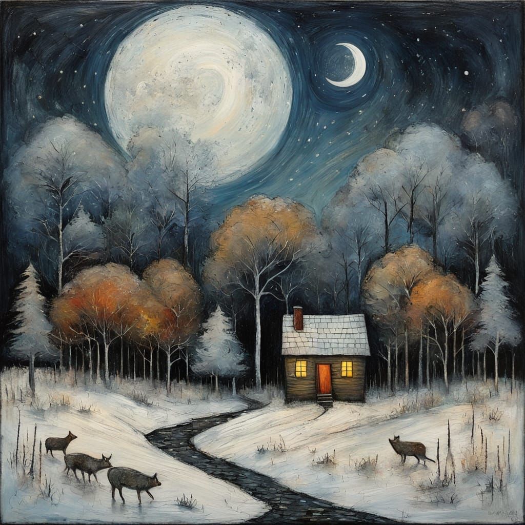 Encaustic Cabin in Enchanted Forest Twilight