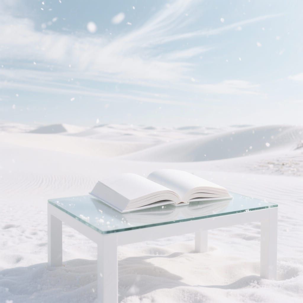 White Open Book on Glass Table in Snowy Desert