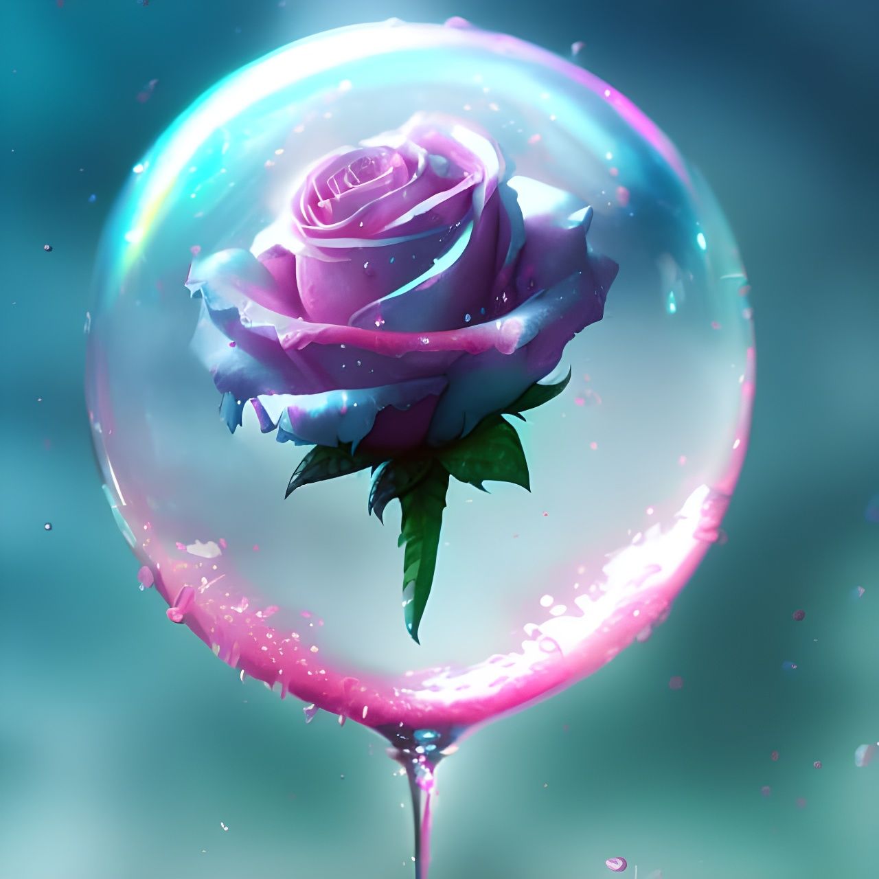 Rose in Frozen Bubble: Watercolor Synthwave Art