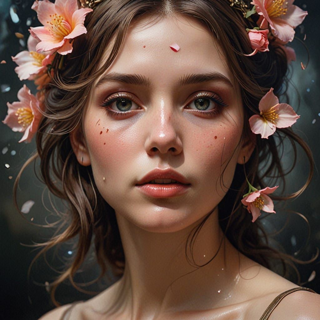 Surreal Woman Portrait of Rose Petals and Serenity