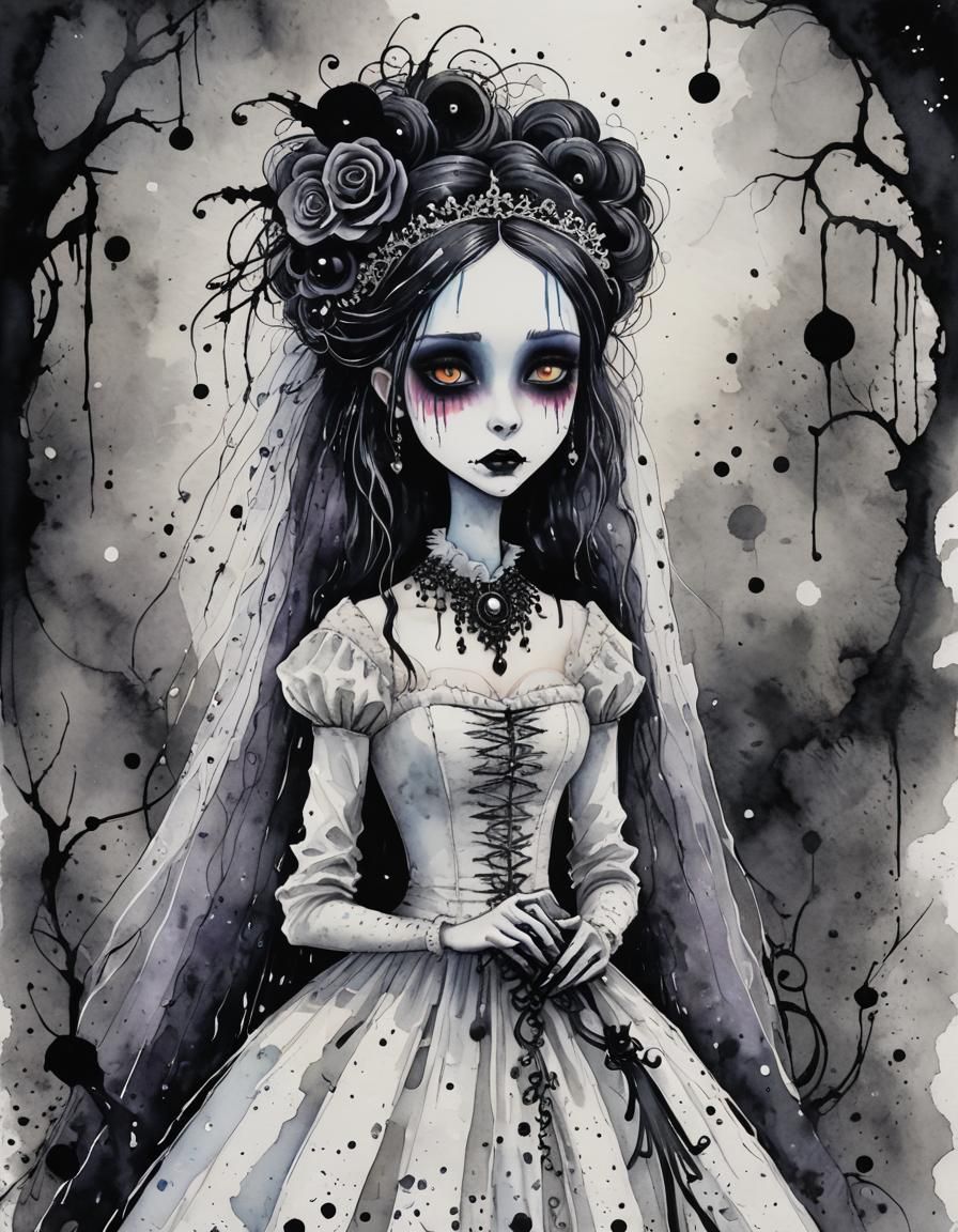 Gothic Bride in Whimsical Watercolor Illustration