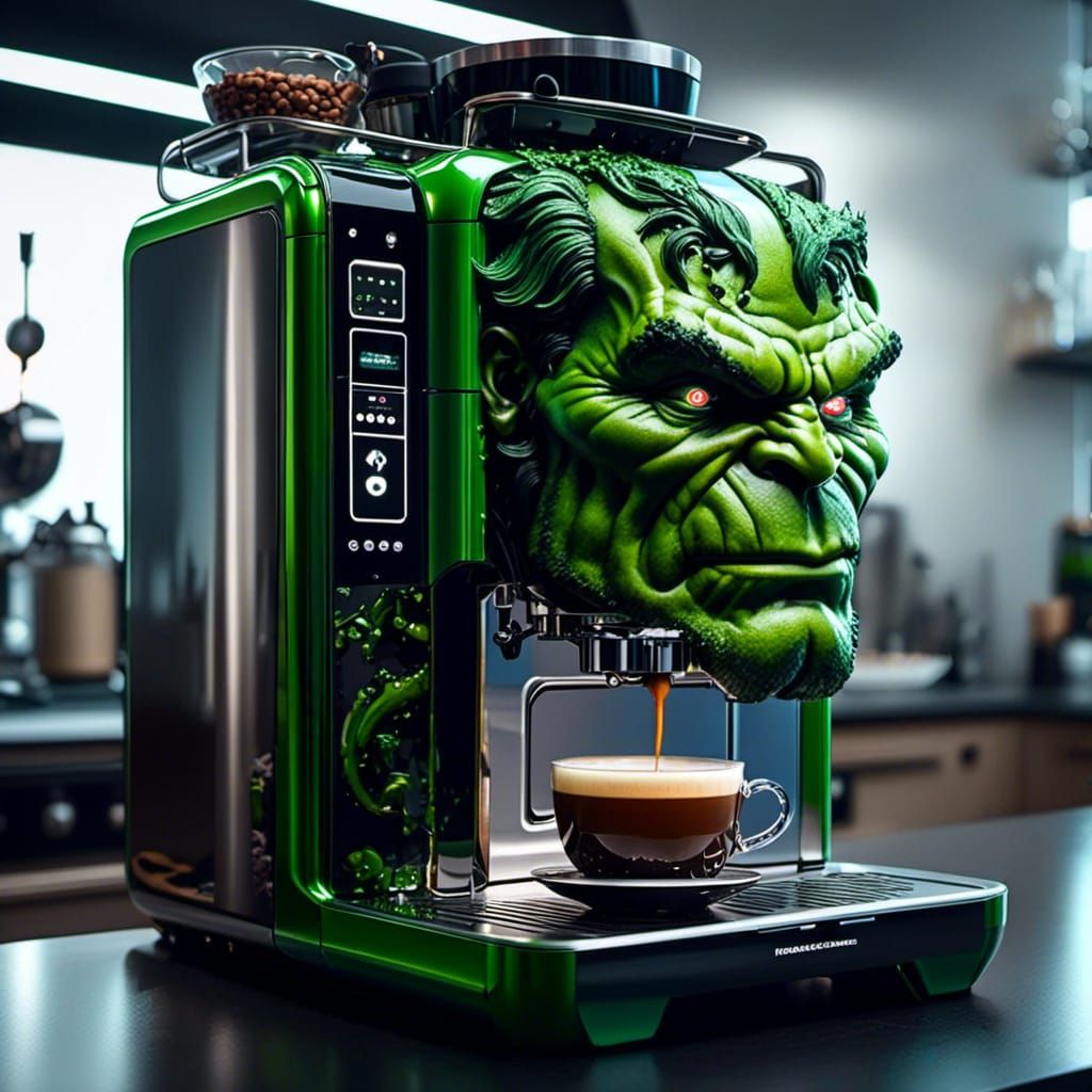 Futuristic Hulk Coffee Machine: Ultra-Detailed 4K Render
