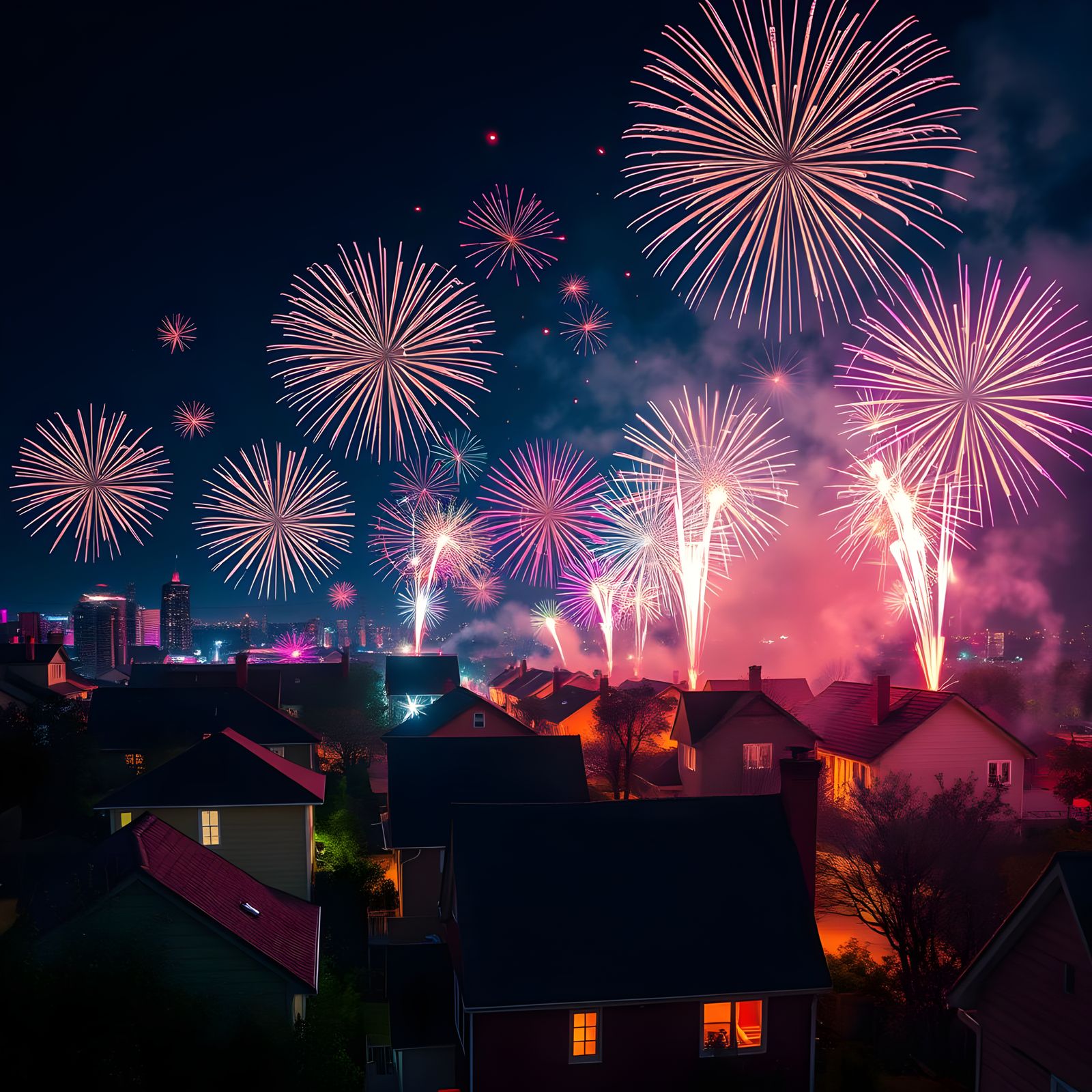 Night Cityscape Ablaze with Colorful Fireworks