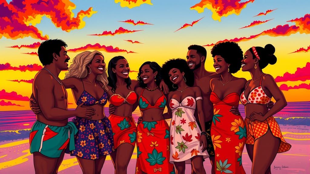 Joyful Beach Gathering at Sunset in Vibrant Cubist Style