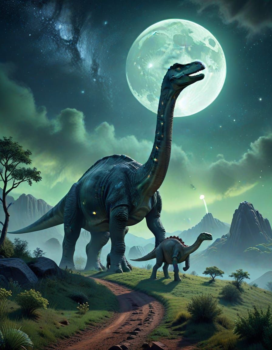 Mother and Baby Brontosaurus on Hill: Sci-Fi Art
