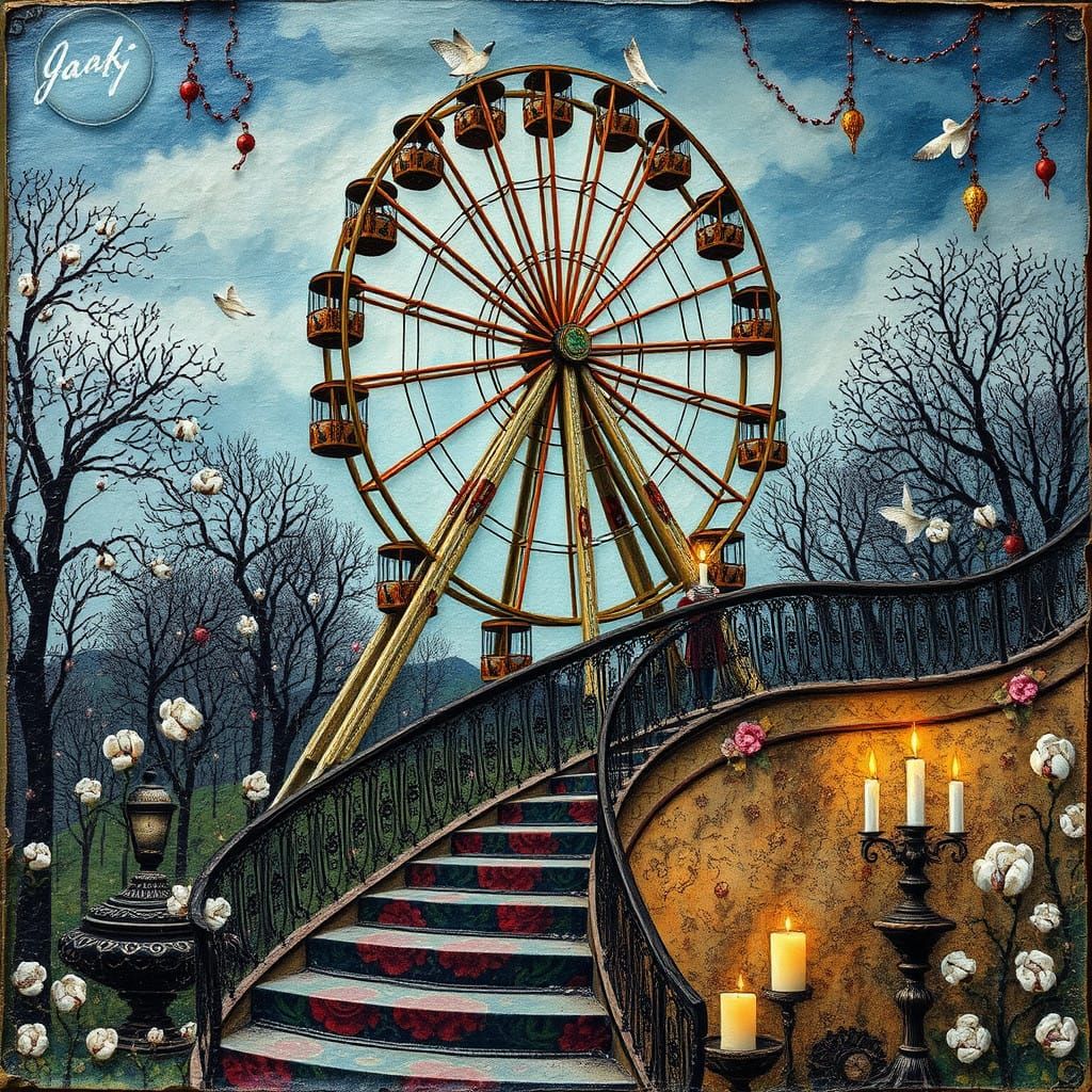Whimsical Victorian Ferris Wheel in a Fantastical Dreamworld