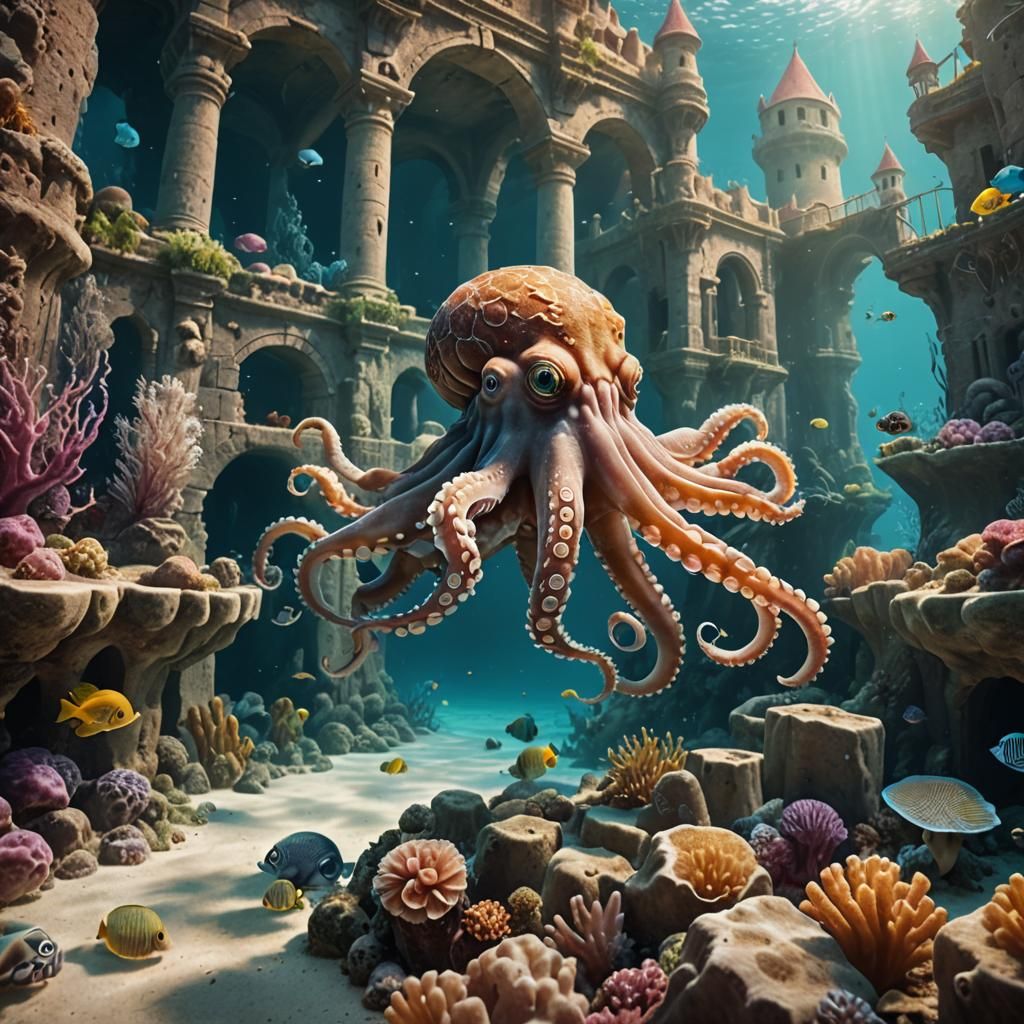 Underwater Fortress Guarded by Octopus: Digital Matte Painti...