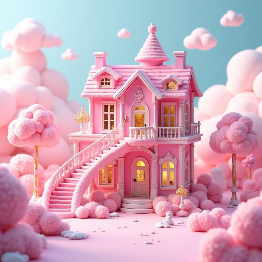 Hyperrealistic Pink Barbie Dreamhouse in Candy Land