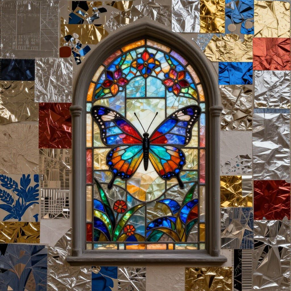 Stained glass window from metallic film scraps