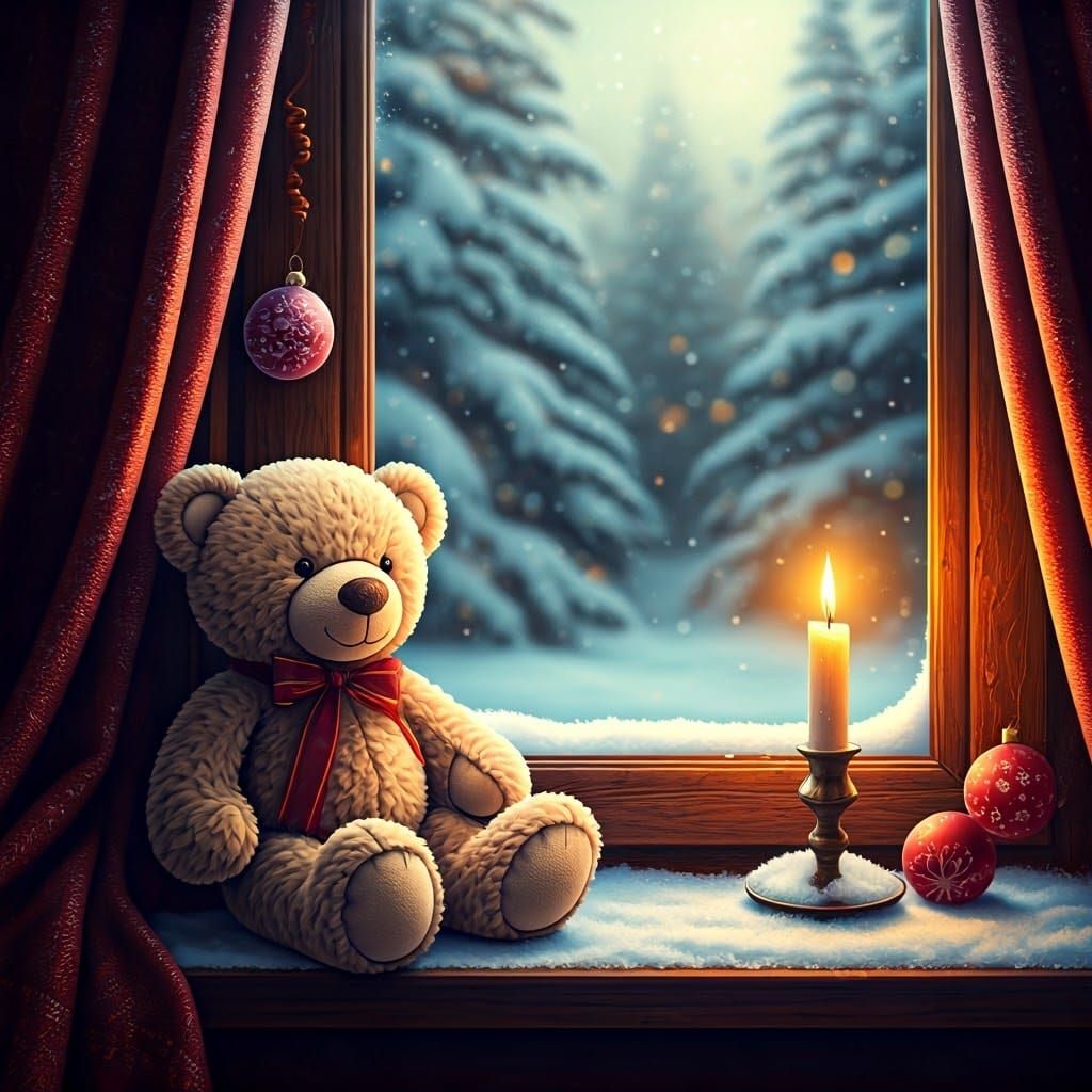 Teddy Bear in Christmas Window, Photorealistic Style