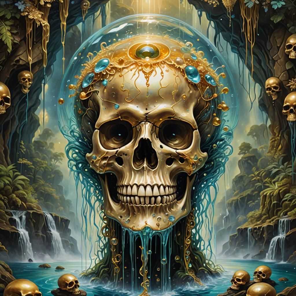 Magical Skull with Waterfalls: Surreal Oil Painting