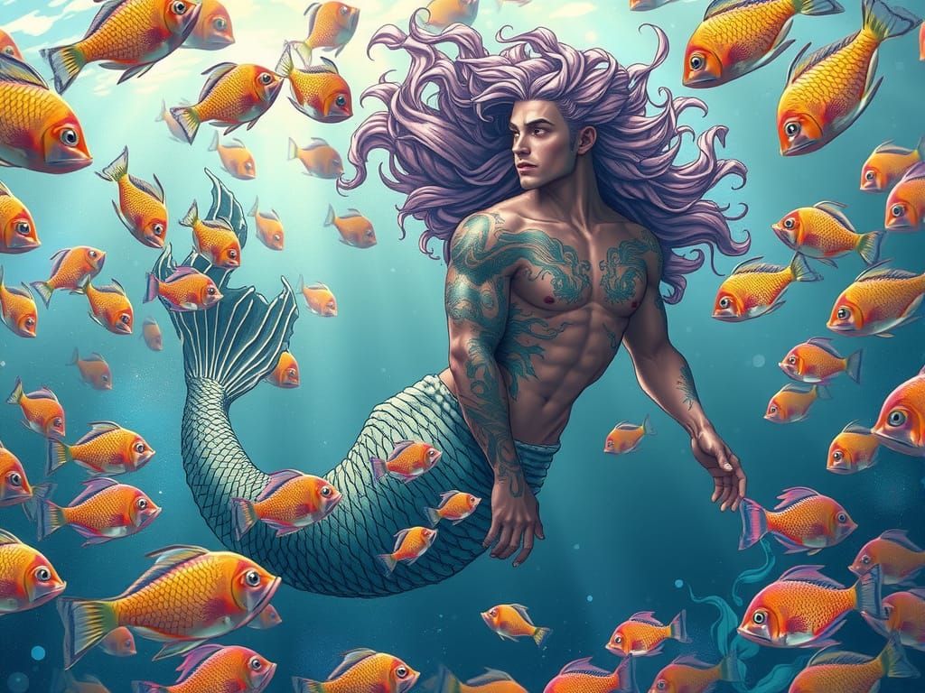 Irish Mermaid Prince in Ethereal Underwater Realm