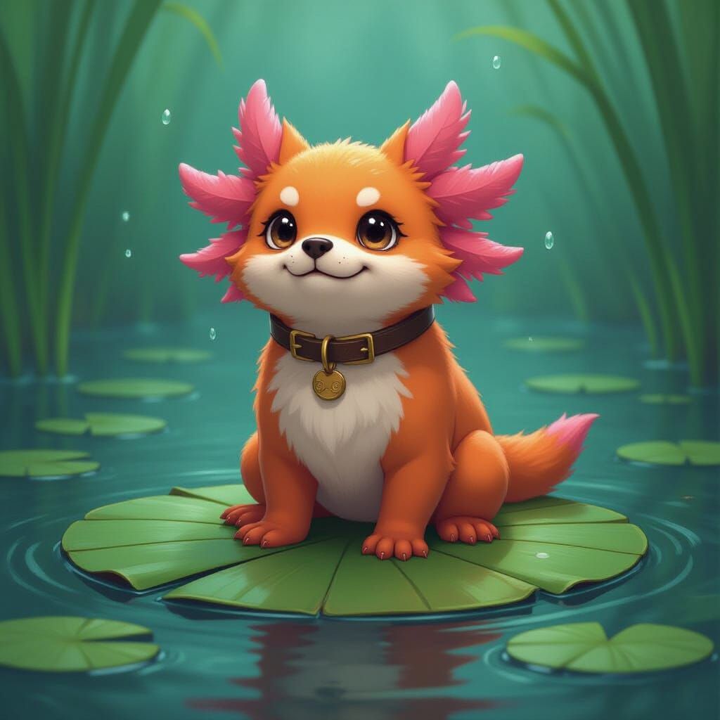 Axolotl-Dog Hybrid Creature in Whimsical Eerie Style