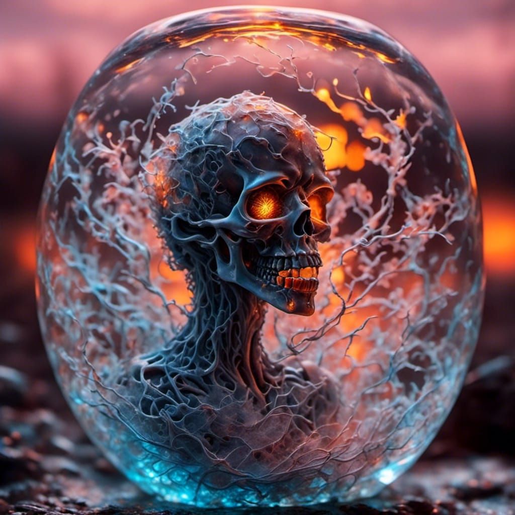 Miniature Ghost in Cracked Glass Head with Neon Runes