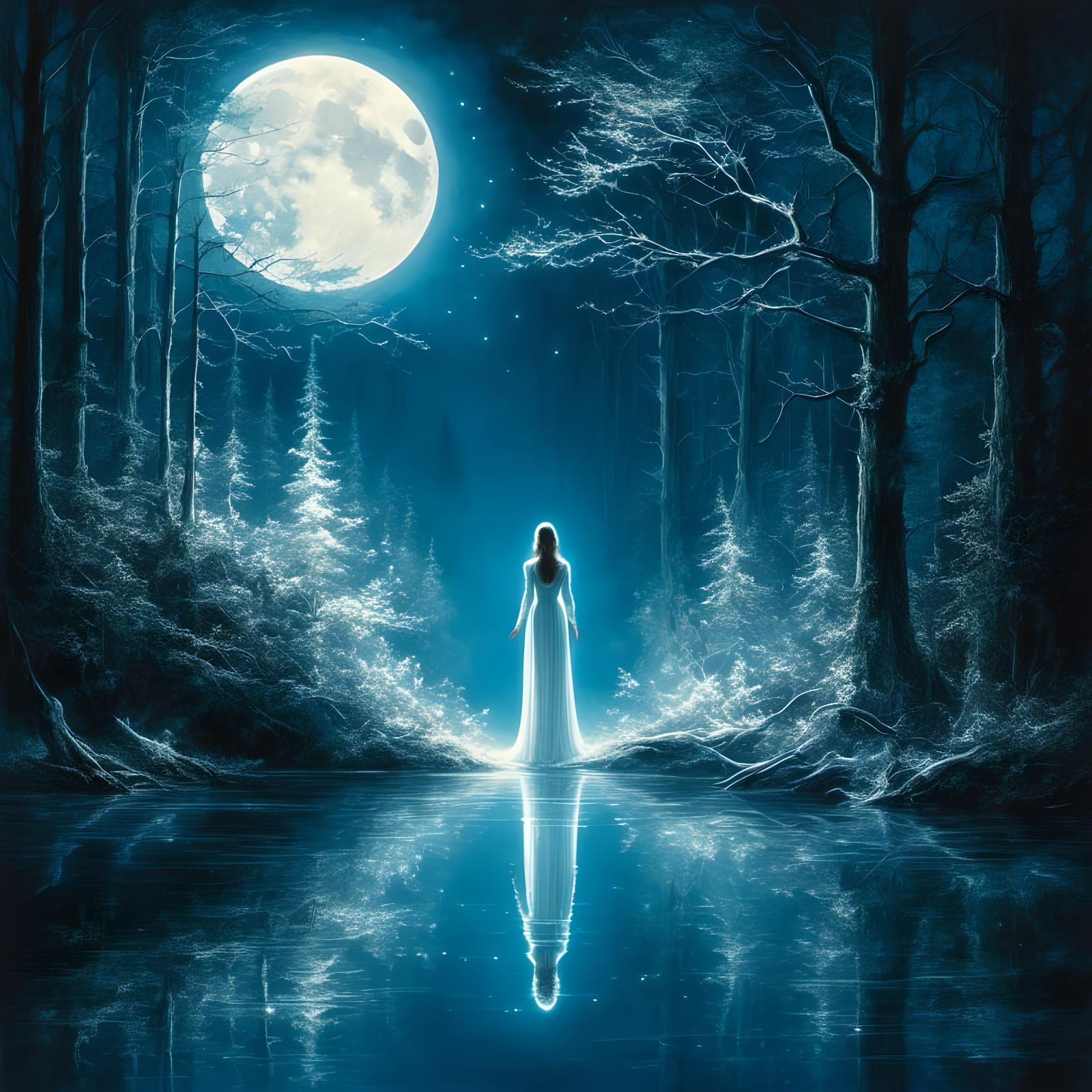 Luminescent Moon Spirit Ascending Over Forest Lake