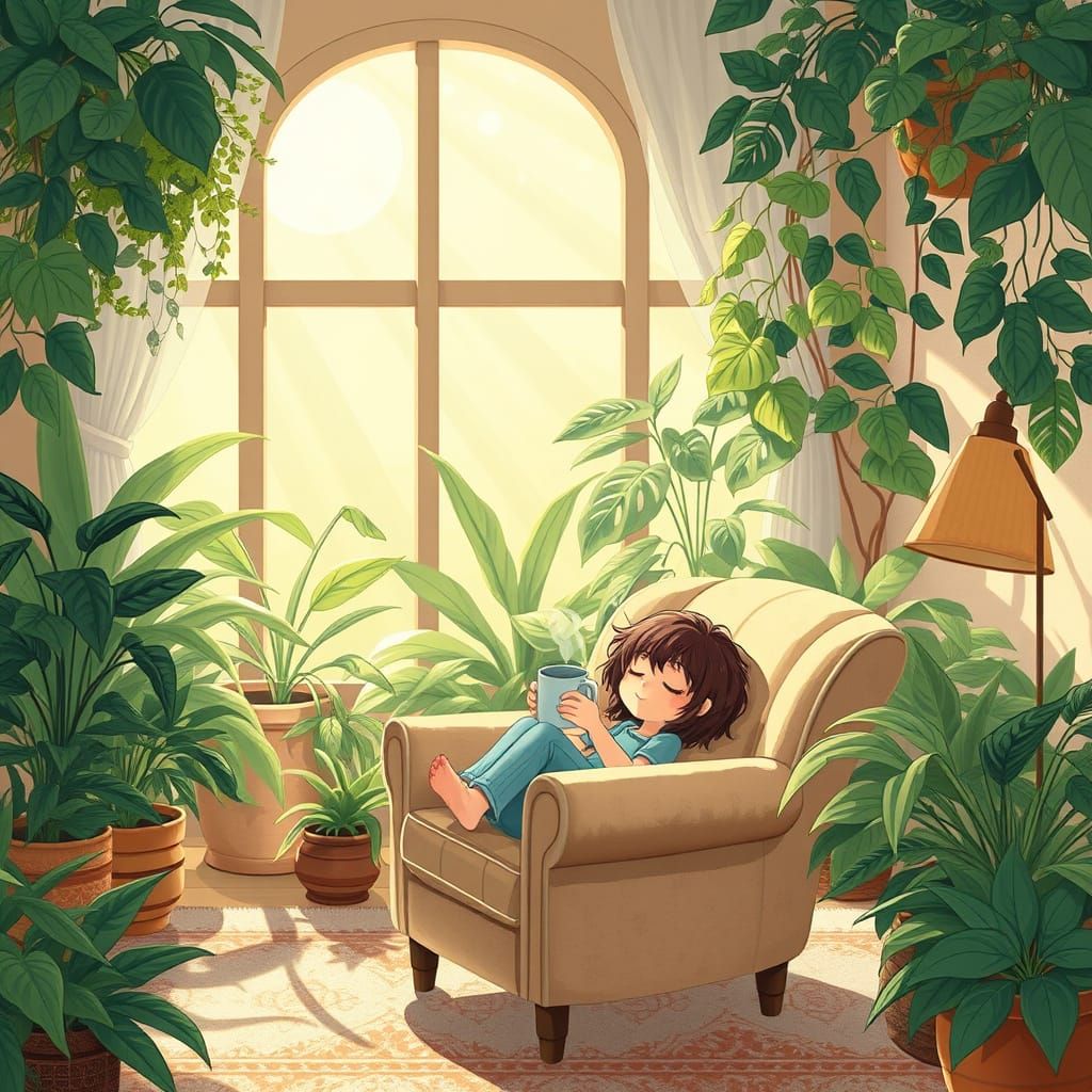 Cozy Sunlit Room Filled With Plants and Peaceful Ambiance