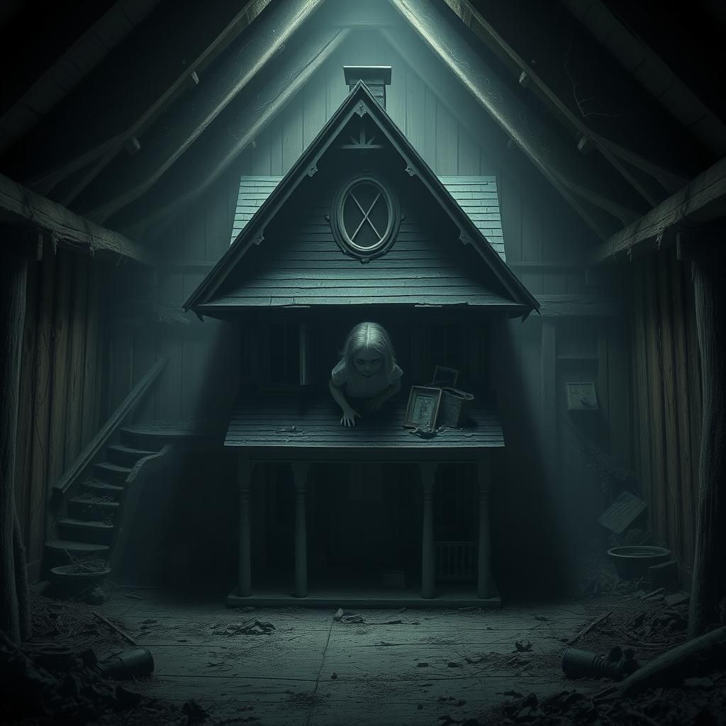 Creepy Dollhouse in Dusty Attic: Ominous Matte Painting
