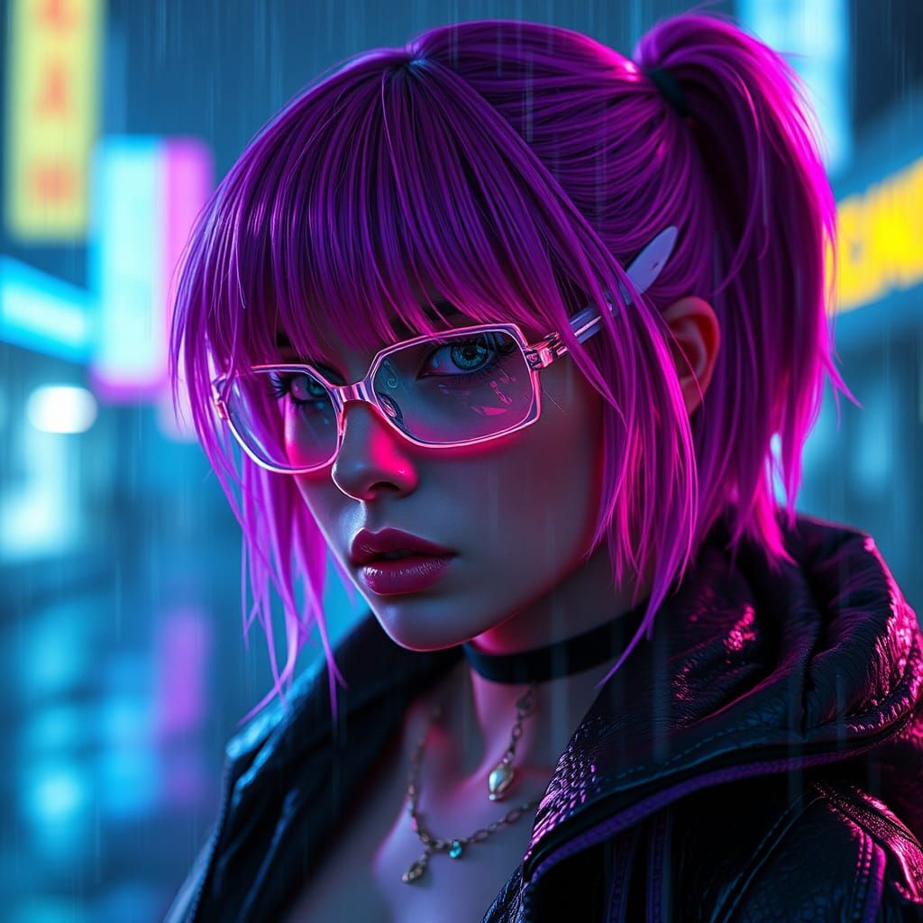 Cyberpunk Pixie in Raindrop, Neon Style