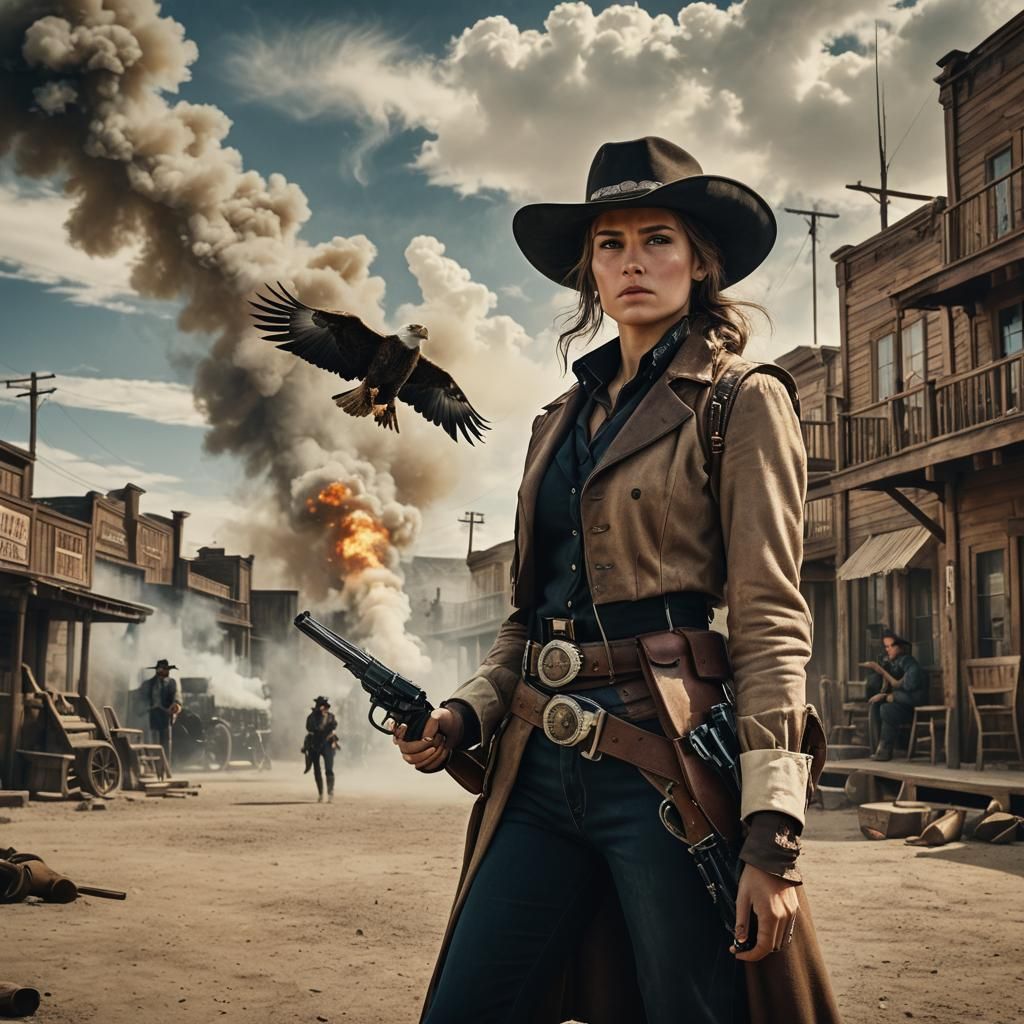 Female Gunslinger Ready for Duel in Wild West Town