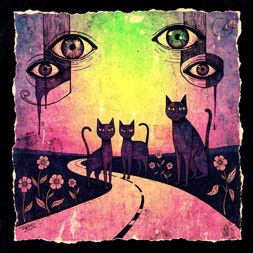 Abstract Cats on Lonely Road in Surreal Horror Style