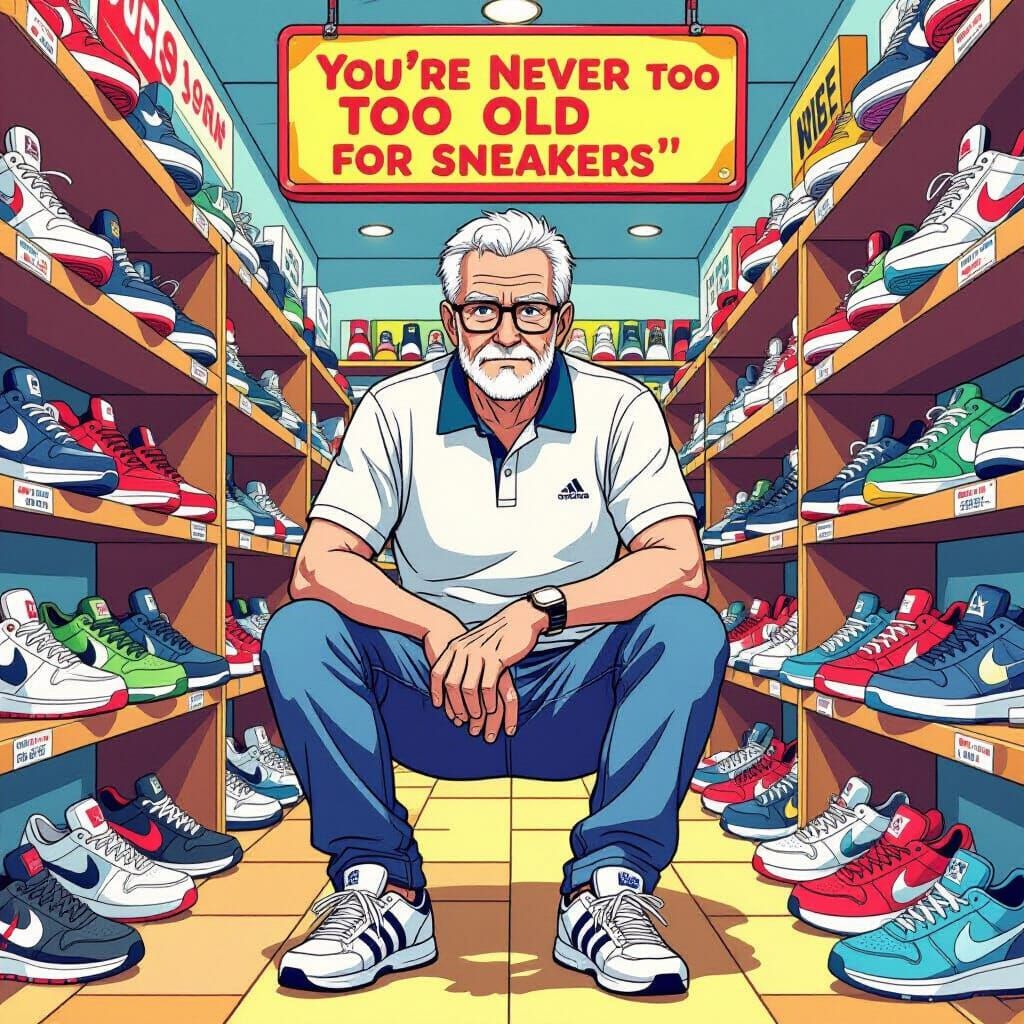 Anime-Style Image of Elderly Man in Sneaker Store