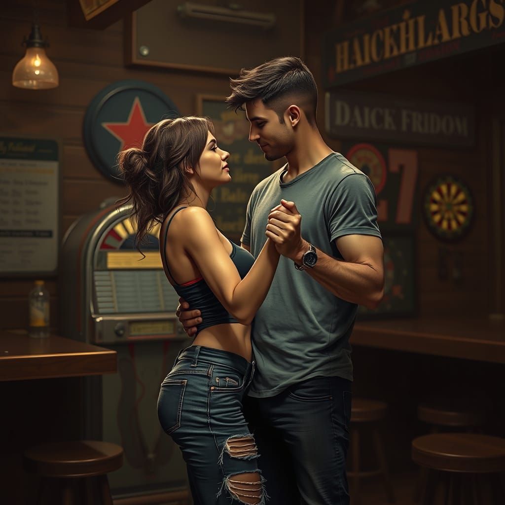 Intimate Dance: Moody Bar Scene in Hyper-Realistic Style