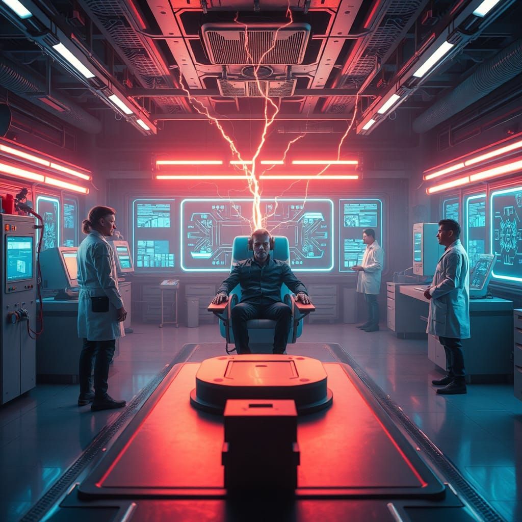 Cybernetic Surge in High-Tech Sci-Fi Lab