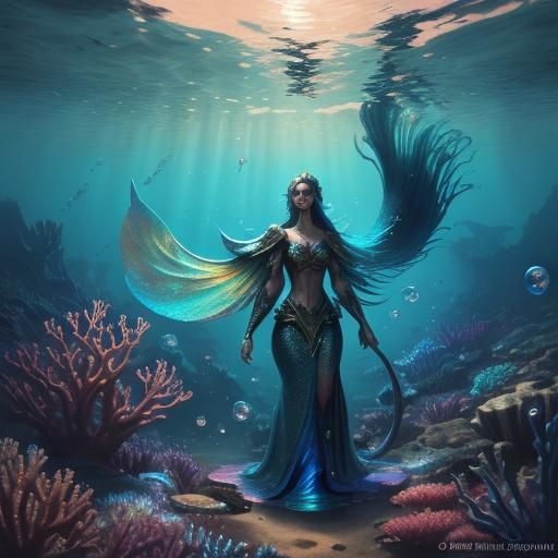 Underwater Mermaid, Dog, and Bubbles in Fantasy Art